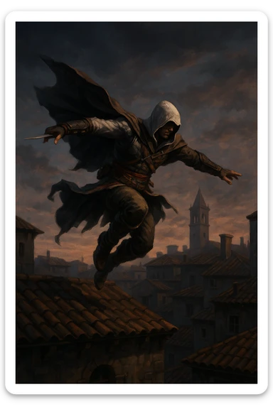 assassin's creed character leaping from a rooftop, cape flowing, dramatic action sticker