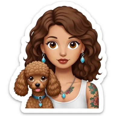 Long brown haired girl with tattoos with a pudel sticker