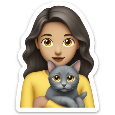 Girl with long dark brown hair and blue eyes holding a gray cat with yellow eyes sticker