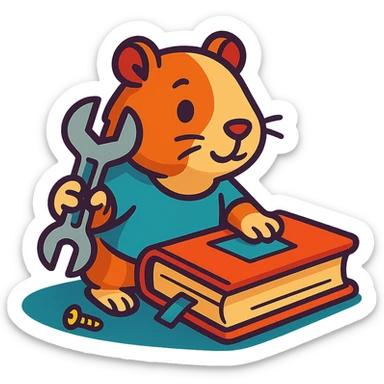 guinea pig holding a wrench and fixing a book, vibrant toon style sticker