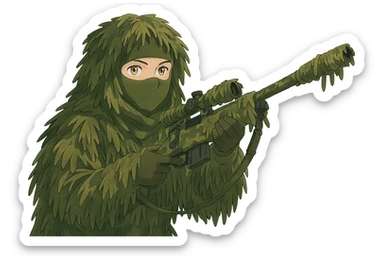 1 female, gold yellow eyes, face covered green balaclava, full military ghillie sniper camouflage, rifle up, camouflaged rifle wrap sticker