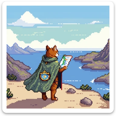 Explorer cat with map, mountain landscape with stars, wearing light explorer outfit with cape blowing in wind, gazing at horizon sticker