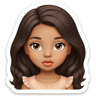 Glamourous, light brown skin tone, very beautiful toddler, with big plump peach-beige lips, long long lashes, black wavy smooth long hair, straight parting hair, brown eyes sticker