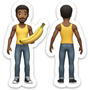 Skinny guy with tank top holding a banana sticker