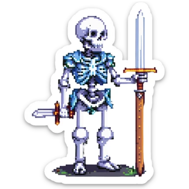 pixel art skeleton with a raised sword, classic RPG vibe sticker