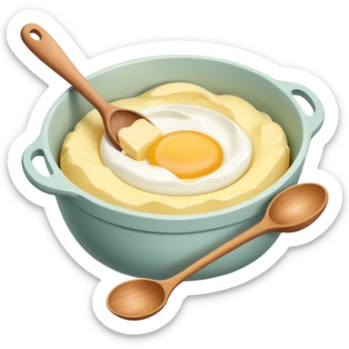 A carton of eggs, butter and a cream ceramic baking bowl with a wooden spoon in it sticker