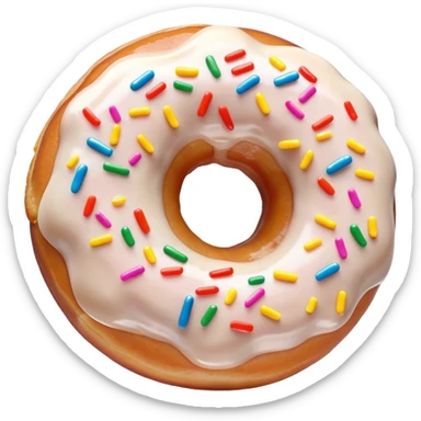Cinematic Realistic Donut Dessert Emoji, depicted as a fluffy glazed donut with colorful sprinkles rendered with detailed textures and playful, warm lighting. sticker