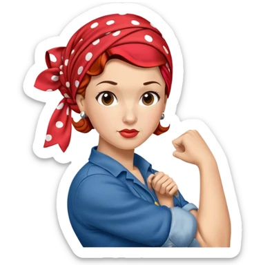 Rosie the Riveter classic We Can Do It pose, blue shirt, red polka dot headscarf sticker