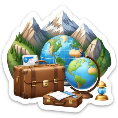 An icon featuring a suitcase, a hotel bell, and a globe, symbolizing tourism and hospitality. The design includes a scenic landmark, like a mountain or beach, and a check-in desk, representing travel and accommodation services. Transparent background sticker