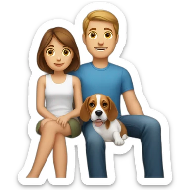 Brown hair White boy and girl with beagle Sit on couch sticker
