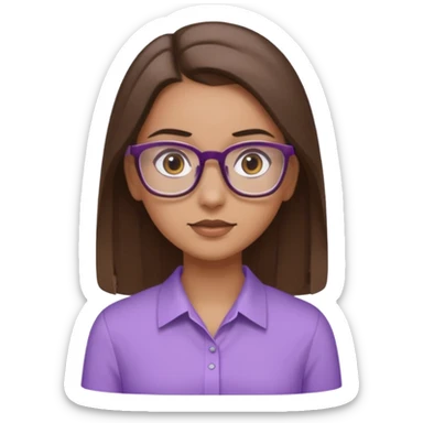 Imagine a pretty girl with slightly light brown skin with big brown eyes and glasses. She has straight long brown hair in a slick back and is wearing a light purple shirt sticker