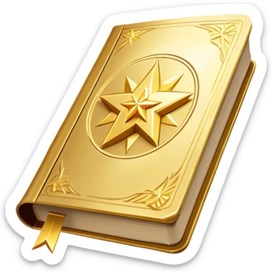 A shimmering gold book with a radiant glow, floating slightly as if under a spotlight. Its cover features a bold, star-like sigil ✨, symbolizing influence and magnetism. Light halo effects or sparkles surround it, giving off an aura of effortless charm and star power. sticker