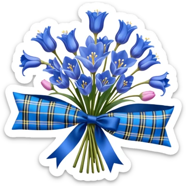 A lush bouquet of bright blue color bluebell black satin ribbon, , with a pale yellow and pink plaid pattern table cloth sticker