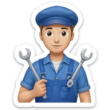 Russian male factory worker wearing overalls and a flat cap holding a wrench sticker