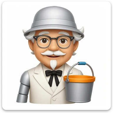 Transform the IT helpdesk robot to resemble Colonel Sanders, featuring white hair, a goatee, glasses, and a southern gentleman vibe. Keep the bucket hat and maintain the friendly robot features. The style should reflect a friendly and approachable robot with these new characteristics. sticker