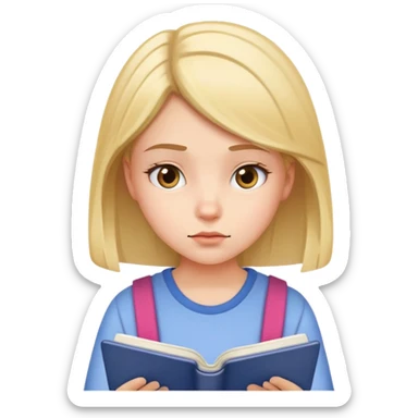 Young girl with focused expression reading a notebook sticker