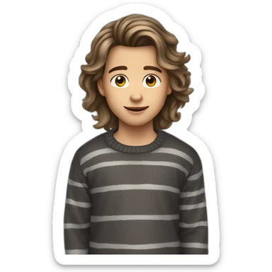 teenager boy brown long wavy hair and dark gray striped sweater sticker