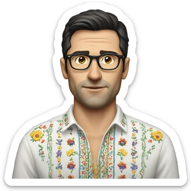 European dark-haired man in a Ukrainian embroidered shirt, glasses sticker