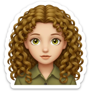 Menina de cabelo cacheado loiro escuro, longo, de olhos verdes oliva com um leve amarelo dentro sticker