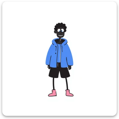 short skeleton with blue jacket, black basketball shorts, light pink slippers, blue glowing left eye sticker