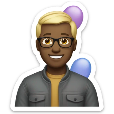 celebrating man with light skin colour, with squared glasses, blond hair, no beard, wearing a scarf, balloons in the background sticker