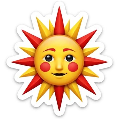 A white banner with a red border and a red 10-pointed star with a yellow sun face in the center. The sun face has a black outline and black eyes and mouth sticker