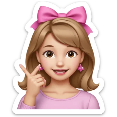 Chica sonriendo con un lazo rosa en la cabeza y mordiendose la punta del dedo indice con delicadeza y la otra mano que no salga sticker