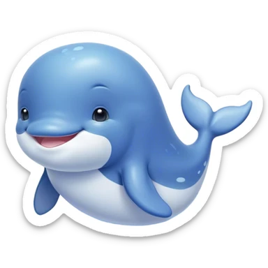 Cinematic happy baby whale, chubby rounded body, tiny smiling face, soft pastel blue hues, gentle glowing waves around, joyful and soothing. sticker