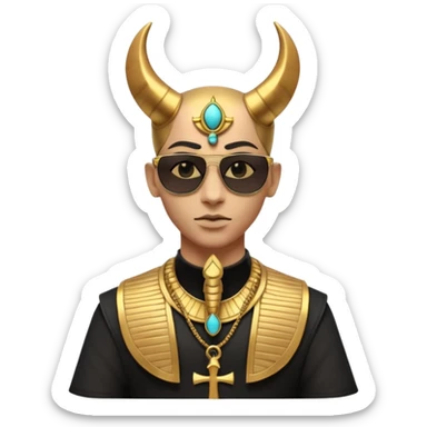 3D cartoon horned character portrait, wearing sunglasses, gothic ancient Egyptian style, pharaoh collar, dark gold and black outfit, ankh symbols, Egyptian jewelry, mysterious expression, soft dramatic lighting, centered, clean background, no text, no watermark sticker