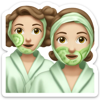 White girl with Brown hair and blue eyes wears a Green colored skincare clay textured mask and puts on cucumbers around her eyes while She relaxes in her white Robe sticker
