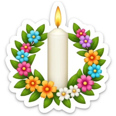 white candle with a floral wreath sticker