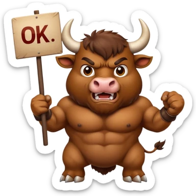 Angry powerful bull emoji holding a sign with the words OK in front of it sticker