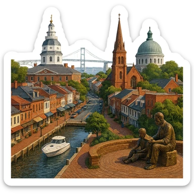 cinematic realistic emoji of Annapolis city view featuring Maryland State House, Naval Academy Chapel, Ego Alley, St. Anne's Church, Kunta Kinte-Alex Haley Memorial, Chesapeake Bay Bridge in the distance, lifelike detail, accurate colors, bright daytime, no sky, no clouds, transparent background sticker