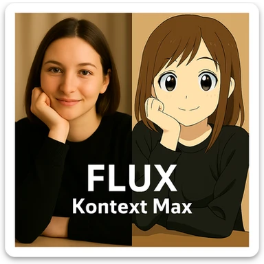 same similar image but chnage the text to "Flux Kontext Max", change people and pose too sticker