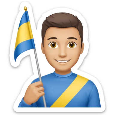 photorealistic Ukrainian man with the flag of Ukraine sticker