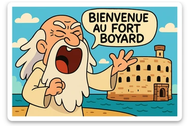 Père fouras  de fort boyard qui cri bienvenue au fort boyard // style enfantin dessin animé cartoons américain style gumball (  sticker
