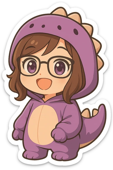 Edit the chibi anime style girl with glasses, brown hair, dark purple eyes, and a purple dinosaur costume to have her arms down. Keep her happy expression with eyes open. Remove the controller. Maintain the chibi anime style and no background. sticker