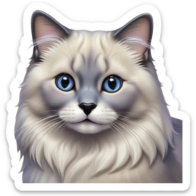 Cinematic Adorable Fluffy Grey Seal Ragdoll Cat Portrait Emoji, Head tilted gracefully with large, sparkling eyes, soft grey fur with darker seal points on the ears, face, and paws, Simplified yet majestic features, highly detailed, glowing with a soft, warm glow, high shine, calm and affectionate, stylized with a touch of elegance, bright and endearing, soft glowing outline, capturing the essence of a regal and loving kitty, so serene it feels like it could glide across the screen with its dignified presence! sticker