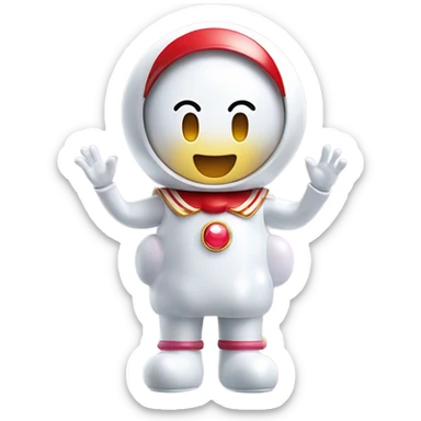 Very shiny full body character with pill capsule head with retro antennae and jetsons aesthetic sailor moon eyes  puffy body and welcoming waving arms Japanese animation inspired Anpanman with big boots and antennae red and white colors only sticker