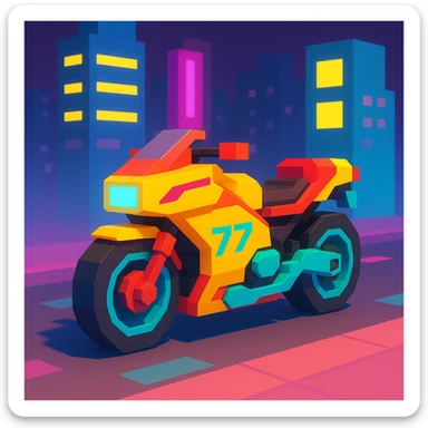 cyberpunk 2077 motorcycle, blocky design, neon lights, cityscape sticker