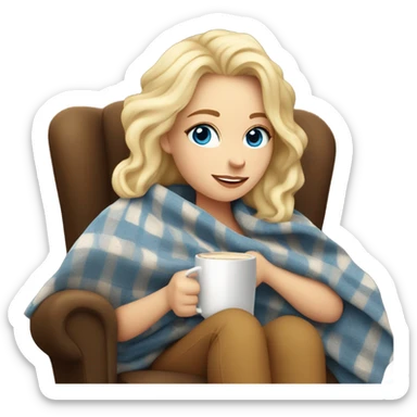 Blonde blue eyed white girl covered in blanket autumn vibe sitting on a cozy chair holding coffee sticker