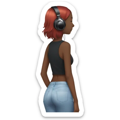 anime girl from behind with headphones on toes and black hai sticker