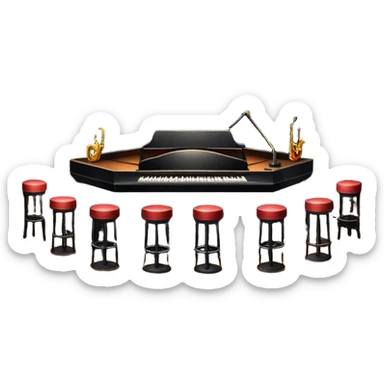 inside of a jazz nightclub, stage with microphone, dim lighting, small tables, cozy atmosphere sticker