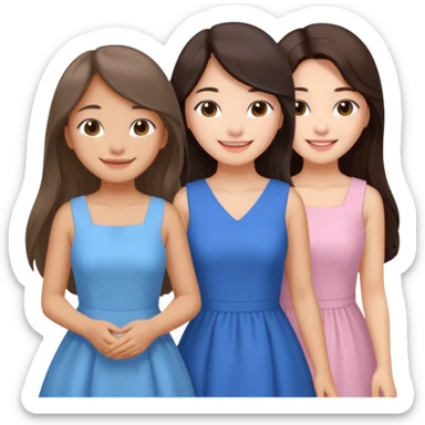 one Korean girl in blue and one white long haired brunette girl in light prink dresses smiling sticker