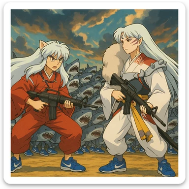 Inuyasha and sesshomaru take m16a4 vs 1 million shark They wear shoes blue Nike and all sharks They wear shoes Nike die sticker