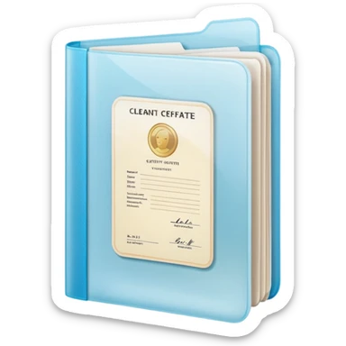 A simple emoji-style icon of a transparent plastic folder, clean and minimal, with rounded corners, subtle translucency, soft shading, and a small official documents symbol representing birth certificate, and SS. sticker