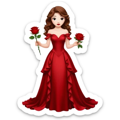 Still life render masterpiece, Belle Disney princess, in a beautiful glamorous red silk gown. Holding a highly realistic, vivid red color rose with realistic leaves and steam. Brown wavy hair, pale skin, red lips, innocent expression, full body view.  sticker