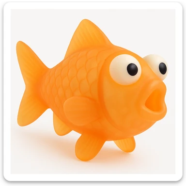 Rotate the clownfish so it is turned away slightly more from the camera. Make the body even more transparent and see-through. Remove any shadow on the ground. Keep the bright orange, semi-transparent plastic, retro 90's toy style with derpy eyes. The material should look soft plastic, soft reflections, soft and squishy, with some cloudiness, not shiny. The image should be highly detailed and appealing. No background. The style is bright orange, semi-transparent plastic, retro 90's toy style. sticker