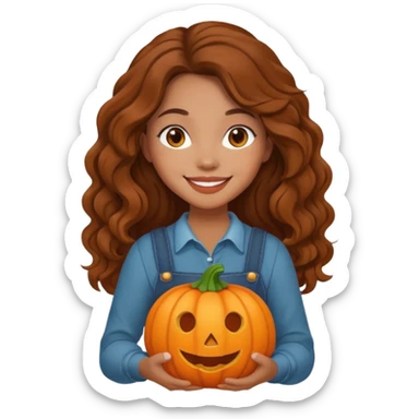 Cozy mixed girl with long wavy brown hair dressed for fall holding a pumpkin  sticker