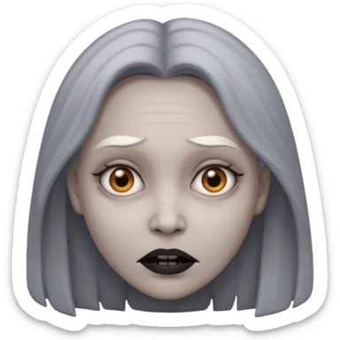 woman with gray skin and a creepy face sticker